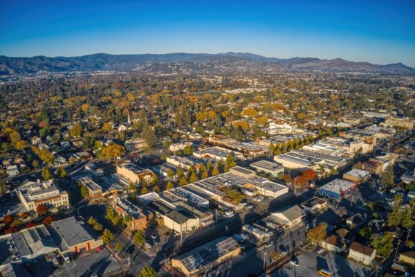 Aerial,View,Of,The,Downtown,Core,Of,Gilroy,,California