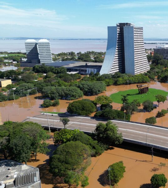 Aerial view of extensive flooding in Houston Texas Hurricane Beryl